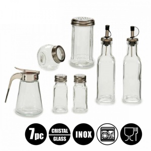 Set clasic 7 recipiente din sticla pentru condimente cu capace din otel inoxidabil, Escalate, 28x10x17 cm - Img 2