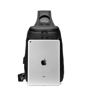 Geanta de umar, de piept sau de mana, impermeabila, cu port de incarcare USB, GETICS, 31x20x12 cm, Neagra - Img 3