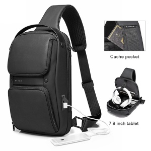 Rucsac crossbody/de umar casual, impermeabil, cu port de incarcare USB si compartiment casti, Bange, Negru