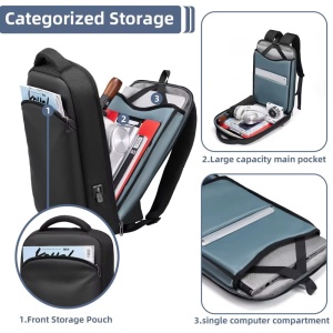 Rucsac laptop 15.6" business casual ingust, impermeabil, cu port de incarcare USB si buzunar antifurt, GETICS, 28.5x8x42 cm, Negru - Img 5