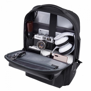 Rucsac laptop 15.6", smart casual, expandabil, cu insertie de piele ecologica, port de incarcare USB si jack audio, BANGE, 43x31x16 cm, Negru - Img 2