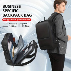 Rucsac laptop 15.6", smart casual, impermeabil cu sistem antifurt, port de incarcare USB tip C, GETICS, 28x15x44 cm, Negru - Img 8
