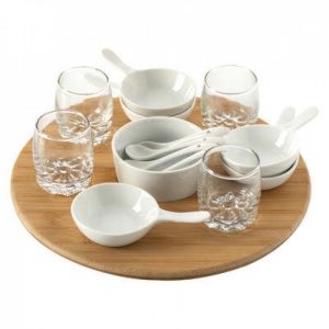 Set 14 piese pentru servire aperitive, pe suport din lemn de bambus, Secret de Gourmet