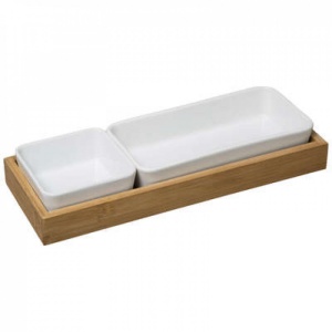 Set 2 boluri ceramice pentru aperitive pe suport din lemn de bambus, Secret de Gourmet, 28x10.5x4.3 cm - Img 1