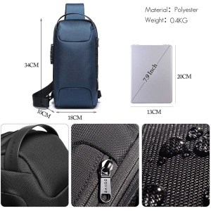 Geanta crossbody/de umar, impermeabila, antifurt, cu port de incarcare USB, Bange, 34X18X10 cm, Albastra - Img 5