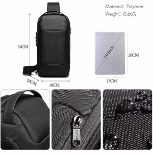 Geanta crossbody/de umar, impermeabila, antifurt, cu port de incarcare USB, Bange, 34X18X10 cm, Negru - Img 2