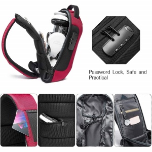 Rucsac crossbody/de umar, impermeabil, antifurt, cu port de incarcare USB, Bange, 34X18X10 cm, Rosu - Img 6