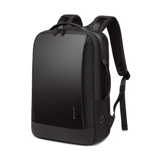 Rucsac laptop 15.6", smart casual, impermeabil, cu insertie de piele ecologica, port de incarcare USB si jack audio, BANGE, 43x31x16 cm, Negru