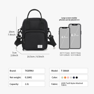 Geanta de umar, de piept sau de mana, sport casual, impermeabila, Tigernu, 16.5x7x20 cm, Neagra - Img 4