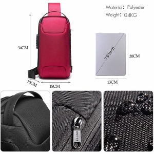 Rucsac crossbody/de umar, impermeabil, antifurt, cu port de incarcare USB, Bange, 34X18X10 cm, Rosu - Img 7