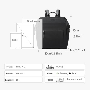 Rucsac dama 14", multifunctional, impermeabil, Tigernu, 30x14x35 cm, Negru - Img 3