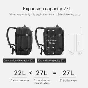 Rucsac laptop 15.6", pentru calatorii, expandabil pana la 27 L, cu port de incarcare USB, KINGSONS, 28.5x21/31x43 cm, Negru - Img 6