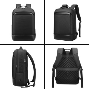 Rucsac laptop 15.6", smart business, cu insertii de piele ecologica, impermeabil, cu port de incarcare USB, GETICS, 30x15x44 cm, Negru - Img 7