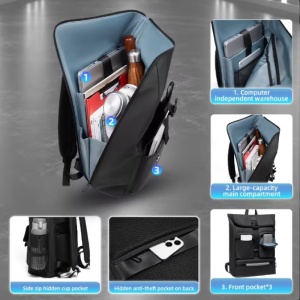 Rucsac laptop 15.6", smart casual, design pelerin, impermeabil, expandabil, cu port USB, GETICS, 32x13.5x43/50 cm, Negru - Img 3