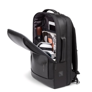 Rucsac laptop 15.6", smart casual, impermeabil, cu insertie de piele ecologica, port de incarcare USB si jack audio, BANGE, 43x31x16 cm, Negru - Img 2