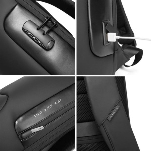 Rucsac laptop 15.6", smart casual, impermeabil cu sistem antifurt, port de incarcare USB, BANGE, 49X33X17 cm, Negru - Img 7