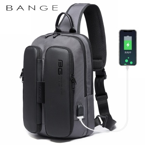 Geanta crossbody/de umar smart casual, impermeabila, cu port de incarcare USB, Bange, 20x11x32 cm, Gri