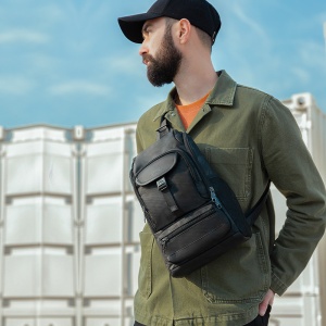 Geanta de umar sau de piept, din material impermeabil antizgariere, TIGERNU, 19x9x33 cm, Neagra camuflaj - Img 8