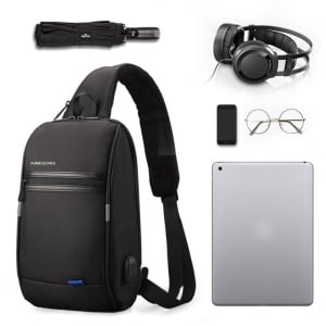 Geanta laptop 10.1", de umar, de piept sau de mana tip sling, antifurt, cu port de incarcare USB, Kingsons, 31x19x8 cm, Neagra - Img 6