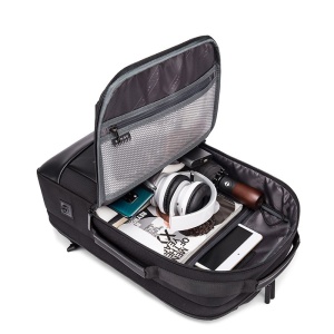 Rucsac laptop 15.6", smart casual, impermeabil, cu insertie de piele ecologica, port de incarcare USB si jack audio, BANGE, 43x31x16 cm, Negru - Img 3