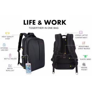Rucsac laptop 15.6" smart casual, impermeabil, cu port USB, Tigernu, 30x17x48 cm, Negru - Img 4