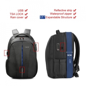 Rucsac laptop 17", smart casual pentru calatorii, expandabil, cu cifru TSA antifurt si port USB, Tigernu, 33x15x48 cm, Negru - Img 2