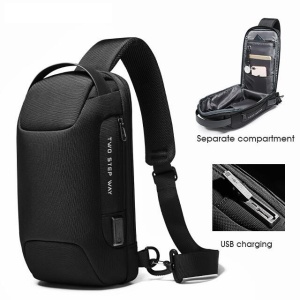 Geanta crossbody/de umar, impermeabila, antifurt, cu port de incarcare USB, Bange, 34X18X10 cm, Negru - Img 5