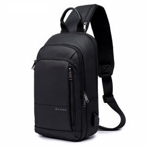 Geanta crossbody, de umar sau de mana tip sling, cu port de incarcare USB, Bange, 32x18x10 cm, Neagra
