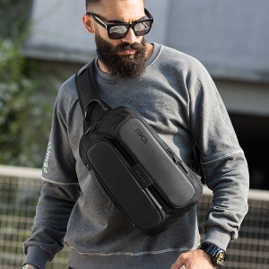 Geanta crossbody/de umar smart casual, impermeabila, cu port de incarcare USB, Bange, 20x11x32 cm, Neagra - Img 7