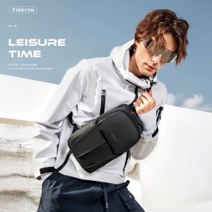 Geanta de mana, de umar sau de piept, smart casual, impermeabila, cu cifru antifurt, Tigernu, 17x10x30 cm, Neagra - Img 8