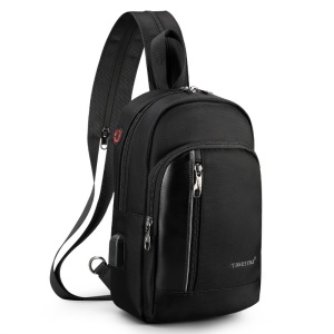 Geanta de umar, de piept sau de mana, casual, impermeabila, cu port de incarcare USB si orificiu pentru cablu audio, Tigernu, 30x17x10 cm, Neagra - Img 2
