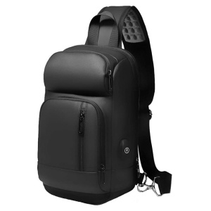 Geanta de umar, de piept sau de mana, cu port de incarcare USB, GETICS, 33x20x9 cm, Neagra