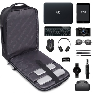 Rucsac laptop 15.6", smart casual, impermeabil, cu insertie de piele ecologica, port de incarcare USB si jack audio, BANGE, 43x31x16 cm, Negru - Img 4