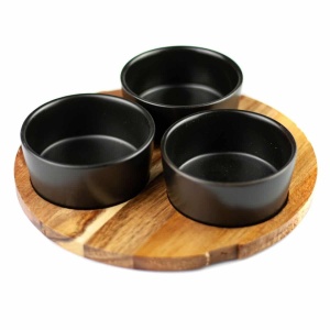 Set 3 boluri ceramice pentru aperitive pe suport din lemn de acacia, Secret de Gourmet, 21x21x14 cm - Img 3