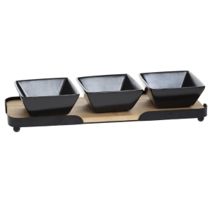 Set 4 piese pentru servire aperitive, pe suport din bambus cu cadru metalic, Secret de Gourmet