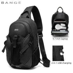 Geanta crossbody/de umar urban, impermeabila, cu port de incarcare USB, Bange, Neagra