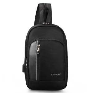 Geanta de umar, de piept sau de mana, casual, impermeabila, cu port de incarcare USB si orificiu pentru cablu audio, Tigernu, 30x17x10 cm, Neagra - Img 3