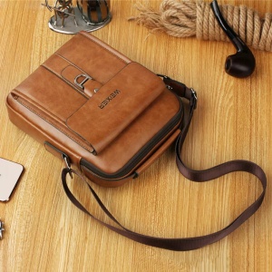 Geanta de umar sau de mana business casual, impermeabila, din piele ecologica, WEIXIER, 24x20x5 cm, Maro deschis - Img 5