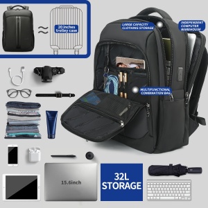 Rucsac business casual pentru calatorii, impermeabil, cu port USB, Tigernu, pentru laptop de 15.6", 30x14x35 cm, Negru - Img 5
