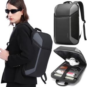 Rucsac laptop 15.6", casual business, impermeabil, cu aspect futurist 3D carbon, BANGE, 47.5x30x12 cm, Gri - Img 4