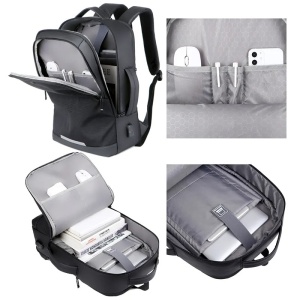 Rucsac laptop 15.6", casual business pentru calatorii, expandabil, cu port de incarcare USB, GETICS, 35x15/20x44 cm, Negru oxford - Img 2