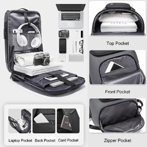 Rucsac laptop 15.6", smart casual, impermeabil, cu cifru antifurt, port USB si tip C, BANGE, 30x16x47 cm, Gri - Img 4