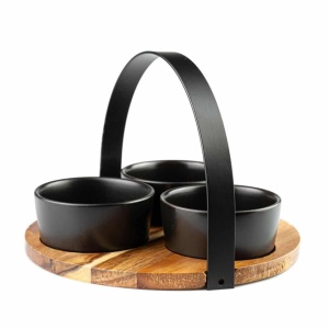 Set 3 boluri ceramice pentru aperitive pe suport din lemn de acacia, Secret de Gourmet, 21x21x14 cm - Img 4