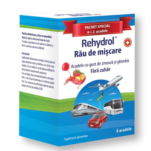 Acadele pentru rau de miscare cu zmeura si ghimbir Rehydrol, 6+2 acadele, MBA Pharma Innovation