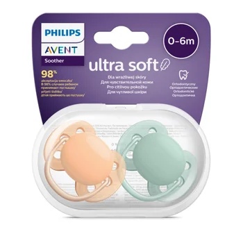 Suzete Ultra Soft SCF091/03 pentru 0-6 luni Verde/Portocaliu, 2 bucati, Philips Avent
