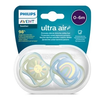 Suzete Ultra Air SCF085/58 pentru 0-6 luni Soare/Curcubeu, 2 bucati, Philips Avent