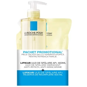 Pachet Ulei de spalare hidratant pentru piele uscata sau cu tendinta atopica Lipikar AP+, 400 ml + Rezerva, 400 ml, La Roche-Posay