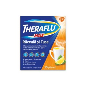 Theraflu Max raceala si tuse, 1000 mg/12,2 mg/200 mg, 10 plicuri, Gsk