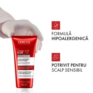 Balsam ultra-reparator cu peptide Pro-Colagen si acid citric Dercos Collagen 17 Filler, 200 ml, Vichy - Img 3
