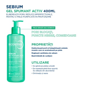 Gel spumant activ pentru piele mixta, grasa si predispusa la acnee Sebium, 400 ml, Bioderma - Img 2
